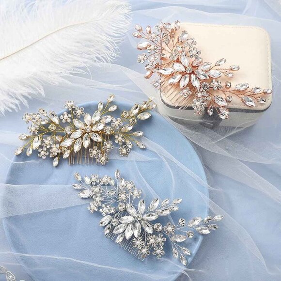 ?Women Silver Flower Crystal Hair Accessories with Pearl Side Comb Headpiece main image 9